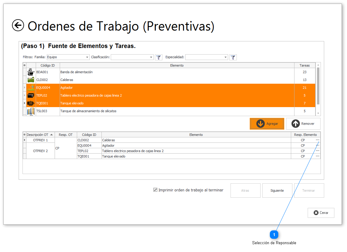 Selección de Responsable Elemento